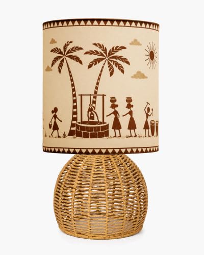 Image of Homesake Handwoven Rattan Table Lamp with Aipan Art Printed Fabric Shade, Boho Bedside Lamp, Decorative Raffia Cane Table Lamp, E27 Holder, Living Room, Bedroom, Study & Home Decor, Bulb Included