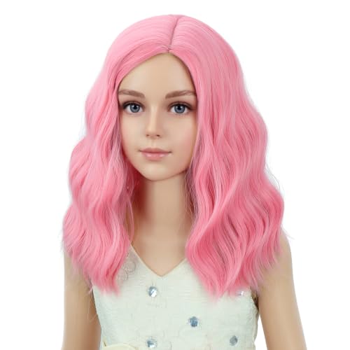 Image of PATTNIUM Light Pink Short Curly Wavy Wigs for Kids Girls Side Part Shoulder Length Heat Resistant Synthetic Wig Halloween Cosplay Costume Party Wigs