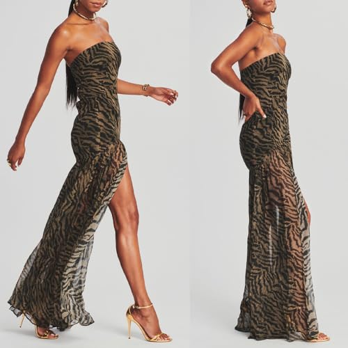Abyovrt Women Tube Top Dress Tiger Stripe Mesh Patchwork Maxi Dress Strapless Sexy High Slit Long Dresses Party Clubwear thumb #1
