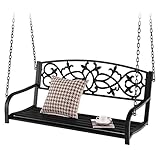 Tangkula 2 Person Porch Swing, Hanging Patio Swing Bench with Chains, Backrest & Armrests, Classic Outdoor Metal Swing Chair with Floral Pattern for Garden, Deck, Backyard (Black)