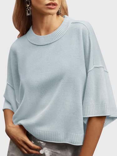 Image of Saodimallsu Womens Short Sleeve Sweater Summer Oversized Cropped Sweaters Casual Crewneck Lightweight Knit Tops