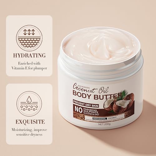 200g Coconut Body Butter - Natural Coconut Body Cream - Body Butter for Women - Body Lotion for Dry Skin - Coconut Moisturiser - Coconut Body Oil for Lock Watery & Smooth & Rejuvenate Skin - Image 5