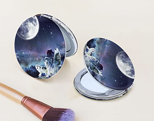 Wirester Round Foldable Pu Leather Compact Pocket Purse Makeup Mirror, Dual Sided Travel Mirror With 2X 1X Magnification - Wolf Pack Moon #TOP5