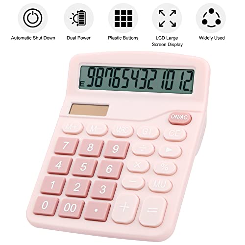 Calculatrice de bureau double puissance compacte et légère écran 12 chiffres rose