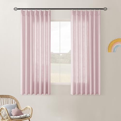 Image of Light Pink Pinch Pleated Linen Cafe Curtains 45 Inch Length 2 Panels for Dining Room Kitchen Bedroom Semi Sheer Pleat Drapes with Hooks Rings Light Filtering Short Window Curtain Cabinet 40x45