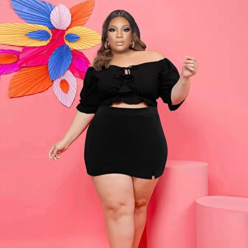 Image of Women Plus Size Skirt Two Piece Outfit Short Sleeve Off The Shoulder Crop Top shorts Dress Suit Set