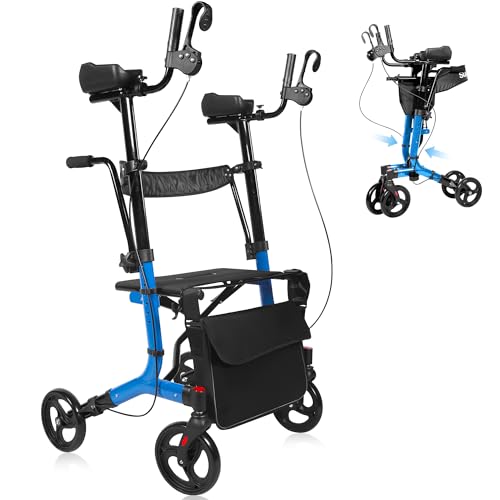 Ofcesw Foldable Upright Walker, Stand Up Walkers for Seniors & Adults with Seat, Support Up to 450 lbs, Lightweight 19.8 lbs, Equipped with 6-inch Range Adjustable Arms (Blue)