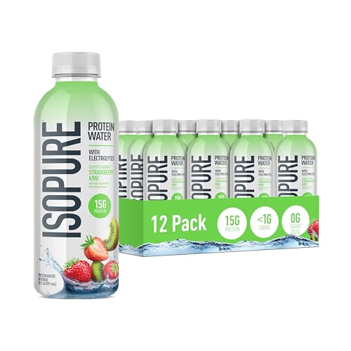 Isopure Clear Protein Water with Electrolytes, 15g Whey Protein Isolate, Zero Sugar, Strawberry Kiwi, 20 fl oz, 12-Pack