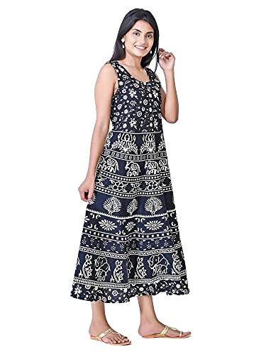 Image of Women's Cotton Printed Traditional Long Midi Maxi Kurti /One Piece Dress (Black Hathi,)