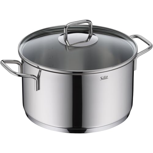 Silit Extra Cook, Kochtopf 24 cm mit Glasdeckel, Innenskalierung, breiter Schüttrand, hochwertiger spülmaschinenfester Crominox-Edelstahl, Bratentopf groß, optimale Wärmeverteilung, Induktion