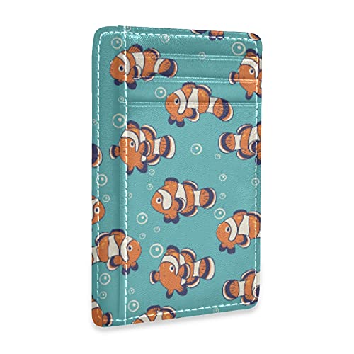 Orange White Clown Fishes Undersea With Bubbles Seamless Slim Minimalist Wallet, Front Pocket RFID Blocking Leather Credit Card Holder, Case Protector Covers for Men Women