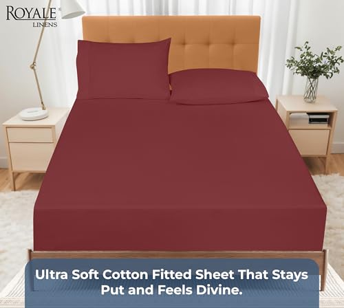 Image of Royale Linens 100% Organic Cotton Fitted Sheet - Percale Weave - Super Soft Deep Pocket Bottom Sheets - Elastic Sheet King Size - King Fitted Sheets Only - (78 inchx80 inch+15 inch, Red)