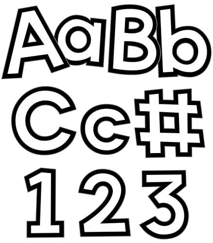 Image of Carson Dellosa Education 219-Piece White with Black Trim Cutout Letters, 4 inch Upper and Lowercase Alphabet, Numbers, Punctuation, and Symbols for Bulletin Board, Posterboard, Party, and Classroom Decor