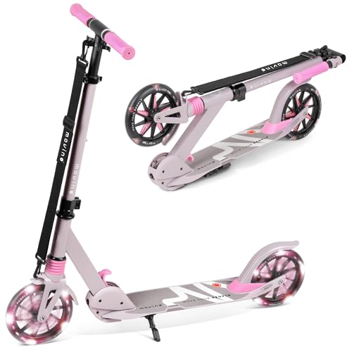 Movino Patinete para Niños Adultos y Adolescentes hasta 100 kg - Scooter Plegable Urbano - Ruedas LED Grandes 180 mm - Manillar Ajustable - City Light Gris-Rosa