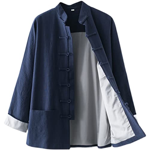 Uniforme de lino de Tai Chi, traje de arte marcial, para hombre, uniforme de Kung Fu, abrigo chino tradicional de manga larga, color azul, talla 3XL, Azul, 3XL/4XL