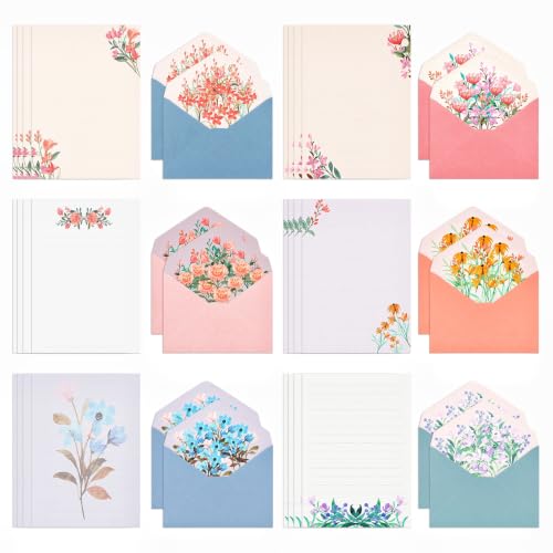 Briefpapier mit Umschlag 24 Blatt Blumen Briefpapier Liniert mit 12 Briefumschlag Schönes Briefpapier Set für handgeschriebene Briefe Liebesbriefe und Einladungen (6 Florale Stile)