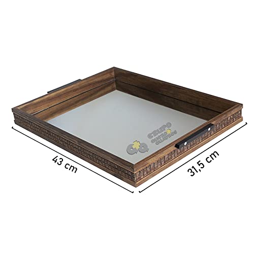 Bandeja Grande Retangular Espelhada Café Moldura Coquinhos Marrom com Alça