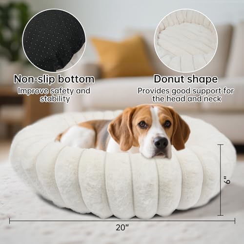 Donut Dog and Cat Bed, Luxurious Comfortable Faux Rabbit Fur Pet Beds, Round Anti-Anxiety Calming Puppy Kitten Bed with Anti-Slip Bottom for Small Medium Dogs & Cats(20", White) - Image 3