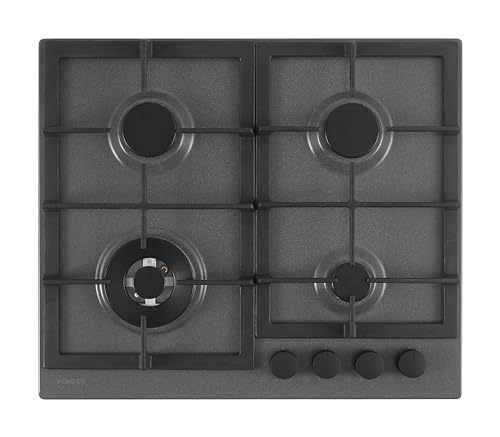 SCHOCK | Placa de cocción de 4 fuegos de gas profesional PC60 con asas negras mate Soft Touch, rejillas de hierro fundido, válvulas de seguridad, asfalto, 585 x 500 mm
