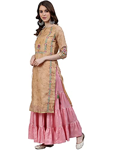 Image of Jaipur Kurti Women's Silk Kurta with Palazzo & Dupatta (AVKPLZ1898 Yellow M)