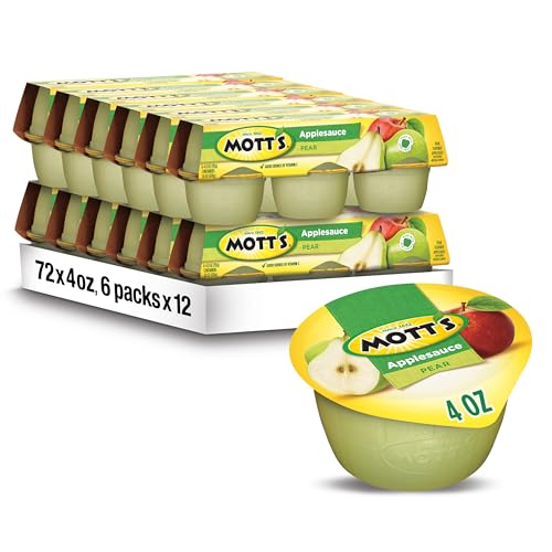 Mott's Pear Applesauce, 4 Oz Cups, 72 Count (12 Packs Of 6), No Artificial Flavors, Good Source Of Vitamin C, Nutritious Option For The Whole Family