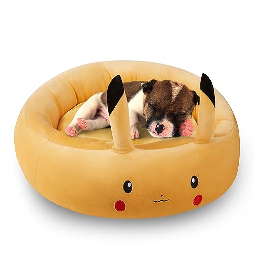 LKWEOS 24 Inch Medium Pet Bed, Soft Squishy and Cuddly Pek Plush Pet Beds for Smallow Dogs&Cats, Anti-Slip and Washable Pet Bed（Yellow）