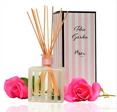 Manu Home Rose Reed Diffuser Set- Made with Real Rose Extract and Essential Oil ~ Natural Sticks and Beautiful Decorative Glass Bottle ~ Voted Top Aromatherapy Diffuser ~ Made in The USA!