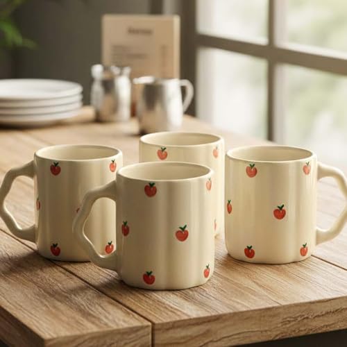 Image of The Earth Store Cream Apple Coffee Mug - 300ML Ceramic Coffee Mugs Set of 4 | Microwave & Dishwasher Safe Mugs for Gift | Home | Office | Restaurant | Daily Use