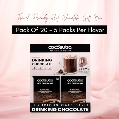 Image of COCOSUTRA Drinking Chocolate Mix | Caramel | 20 Single-Serve Sachets (20g Each) | Gluten Free | No Preservatives | Enjoy Hot or Cold | Ready in 2 Minutes | 400g