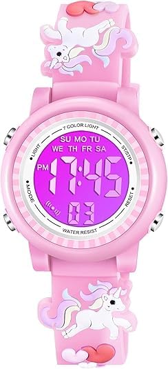 RETZLA Relojes para niños 3D de dibujos animados impermeables, 7 luces de color, reloj digital con alarma y cronómetro para niñas de 3 a 10 años, rosa, Informal