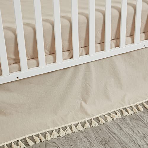 Image of Brandream Crib Bed Skirt for Baby Girls Boys Beige Boho Bohemian Solid Cotton Toddler Bedskirt Farmhouse Chic Ruffle Minimalist Tassel Fringe Macrame