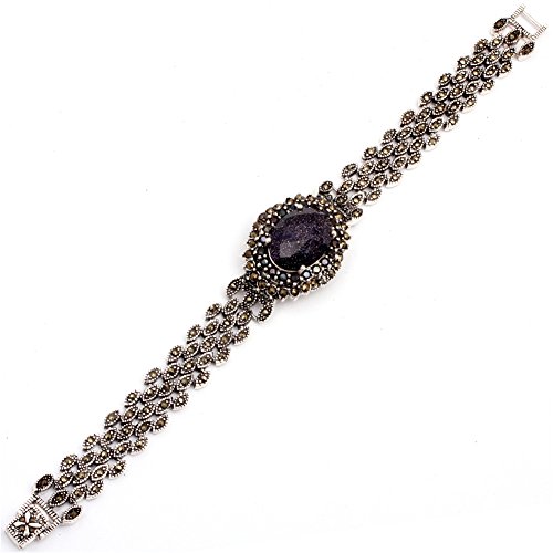 Fashion Jewelry Link Bracelet Tibetan Silver Marcasite Oval Faceted 25mmx30mmx7 Inches Blue Stone
