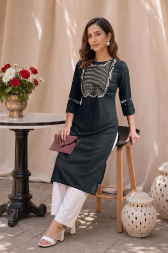 Image of MIRCHI FASHION Women's Straight Fit Rayon Sequins Embroidered and Polka Dots Printed Kurti Only