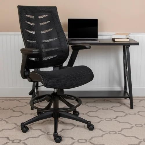 High-Back Ergonomic Drafting Chair with Flip-Up Arms, Adjustable Foot Ring & Breathable Mesh – Tall Office Chair for Standing Desks and Drafting Tables (Black)
