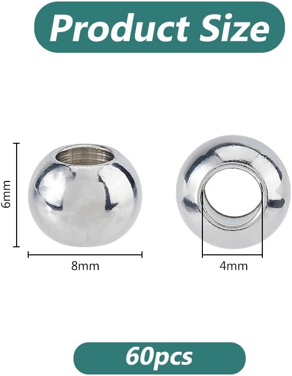 DICOSMETIC 60Pcs 8mm Stainless Steel Round Beads Metal European Beads Large Hole Loose Bead Smooth Spacer Bead for DIY Bracelets Jewelry Making Craft Supplies, Hole: 4mm - Image 2