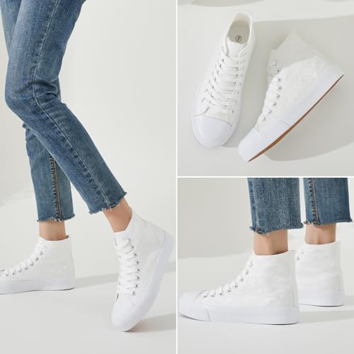 BENPAO Women's High Top Canvas Sneakers, Floral Embroidered Fashion Tennis Shoes - White Breathable Casual Walking Shoes4