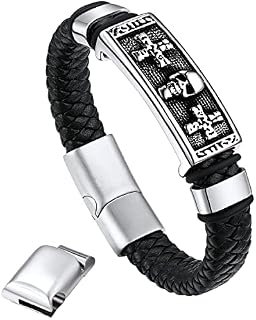bandmax Men Black Leather Braided Wristband with Pendant Thor's Hammer/Skull/Masonic Charm Wax Rope Bracelets with Adjustable Magnetic Buckle -Gift Packed