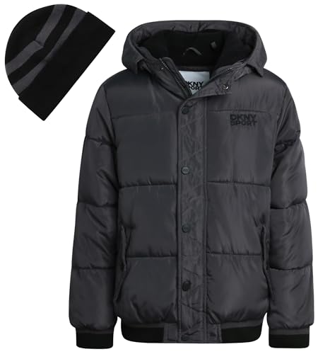 DKNY Boys' Winter Jacket - Midweight Polar Fleece Lined Quilted Insulated Parka Puffer Down Coat with Beanie Hat (Sizes:8-20)