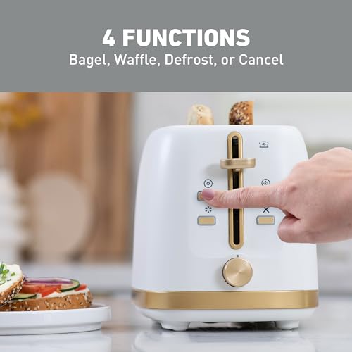 West Bend Timeless 4-Slice Toaster with 7 Browning Levels, Bagel/Waffle/Defrost Settings, High-Lift Lever, Anti-Jam, Easy-Clean Crumb Tray, 4-Slice, White/Gold