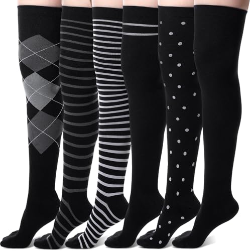 Find the Best Over the Knee Compression Socks for Your Needs 15 Chicingyo 6 Pairs Thigh High Compression Socks for Women Men 15-20mmHg Over the Knee Graduated Support Stockings for Nurses, Pregnancy Edema, Varicose Veins & Post-Surgery(Black Grey Check)