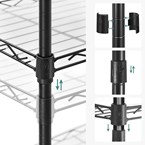 SONGMICS Estantería Metálica de 6 Niveles, Estanteía de Malla con Estantes Ajustables, Paneles de PP, 8 Ganchos, Carga Máxima de 120 kg, para Salón, Garaje, Negro LGR116B01