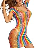 YVVEER Rave Fishnets Pride Outfits for Women Short Sleeve Scoop Neck Mini Dress Lesbian Striped Sheer Mesh Sexy Dresses Party Night Club Date,Rainbow