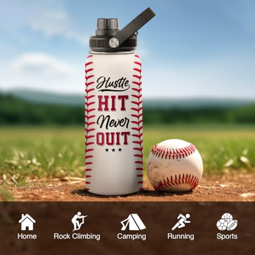 Image of Baseball Water Bottle 32oz Hustle Hit Never Quit Stainless Steel Insulated Bottle for Men Women Sports Lovers Baseball Fans