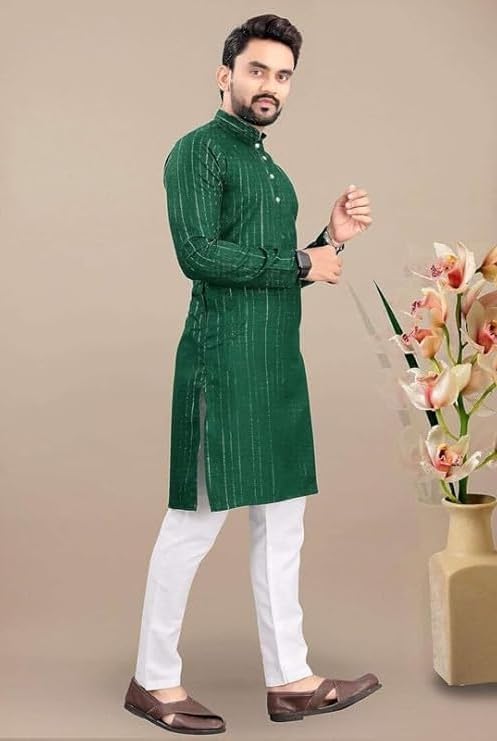 Image of FASHION GALLERY Men's Solid Pattern Polycotton Kurta with Long Sleeve Round Neck Knee Length and Pull On Closure Type|Men Kurta Pajama Set