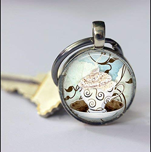 Preisvergleich Produktbild Coffee-Schlüsselanhänger, Cappuccino-Schlüsselanhänger, spezieller Schlüsselanhänger, Zubehör, Glas, rund, silberfarben