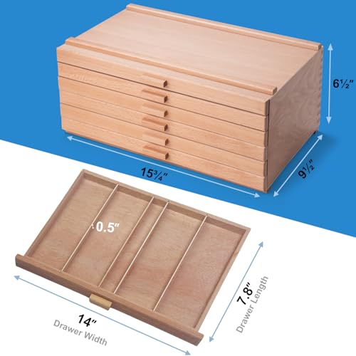 Image of Falling in Art 6 Drawer Artist Supply Storage Box, Wooden Pastel Storage Box, Portable Organizer Box for Pastels, Pencils, Markers, Brushes and Art Supplies