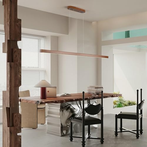 Image of 47 Inch Wood Linear Pendant Light Dimmable LED Kitchen Island Lighting with Remote Adjustable Hanging Chandelier for Dining Room Bar Pool Table 30W Modern Farmhouse Fixture Walnut Color