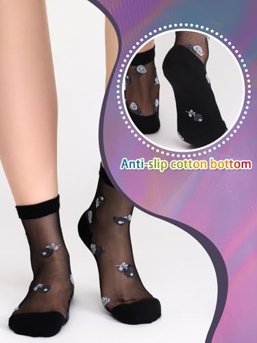 Campsis Black Sheer Ankle Socks, Floral Nylon Socks, Pattern Mesh Sock for Women2