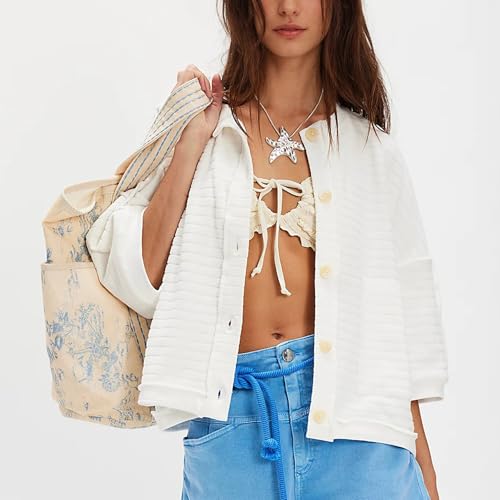 Ainangua Women Oversized Cardigan Casual Short Sleeve Button Striped Terry Cardi Sweatshirt Spring Summer Lightweight Tops3