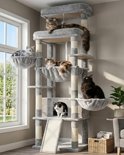 Image of Hey-brother Cat Tree Tower, Scratching Posts with Extra Large Platform and Basket, Specious Condo, 2 Cozy Hammocks, Scratch Board for Indoor Adult Cats, Maine Coon 71.7 inches, Light Gray MPJ080W